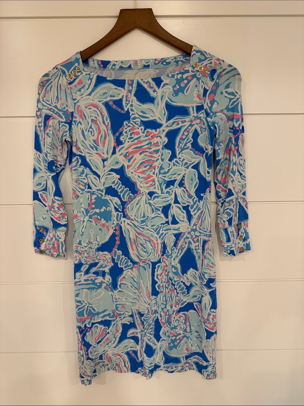 Lilly Pulitzer Blue Seafoam & Pink Floral Boatneck Shift Dress
